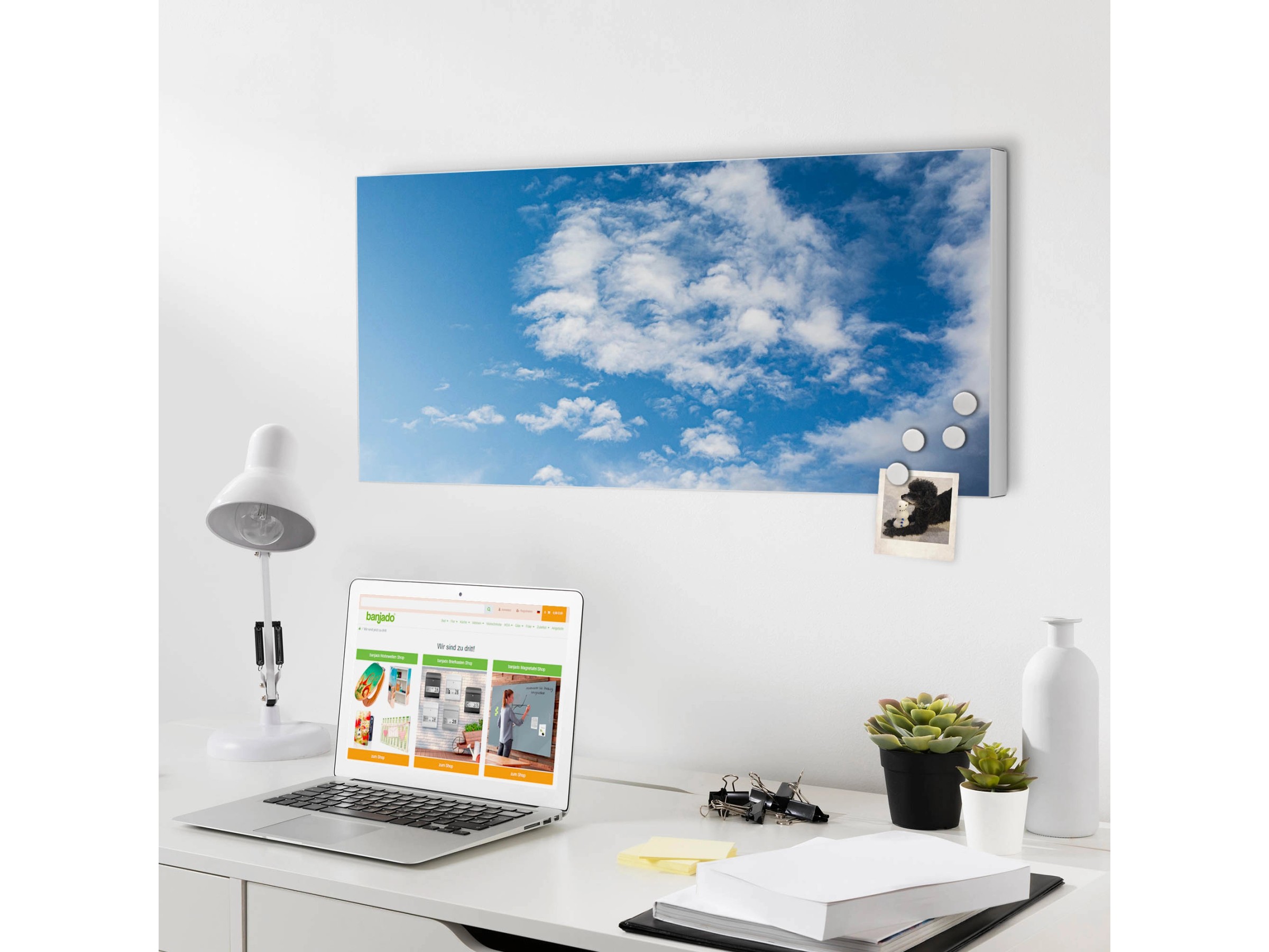 Banjado Magnettafel 30x75 Cm – Magnetpinnwand Mit 4 Magneten, Motiv Weißes Polster