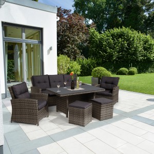 6-teiliges Lounge-Set Vermont mit Esstisch aus Polyrattan in Shadow Dark Night für Garten/Terrasse.