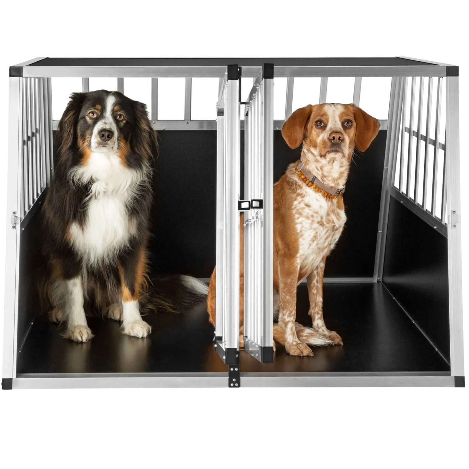 Tectake Hundetransportbox Doppel  Mit Schräger Rückwand Aus Aluminium  Robust und Pflegeleicht  104 x 90 50 x 69 cm Schwarz