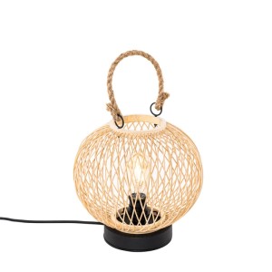 Ländliche Tischlampe Calamus aus Rattan, naturfarben, mit Seilgriff für den Außenbereich.