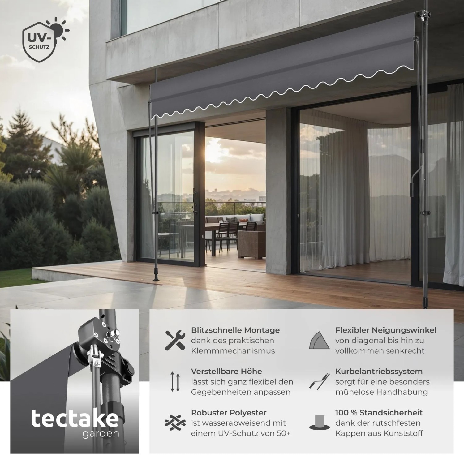 Tectake Klemmmarkise in Grau mit Handkurbel, UV-beständig, als Sonnenschutz auf einer modernen Terrasse.