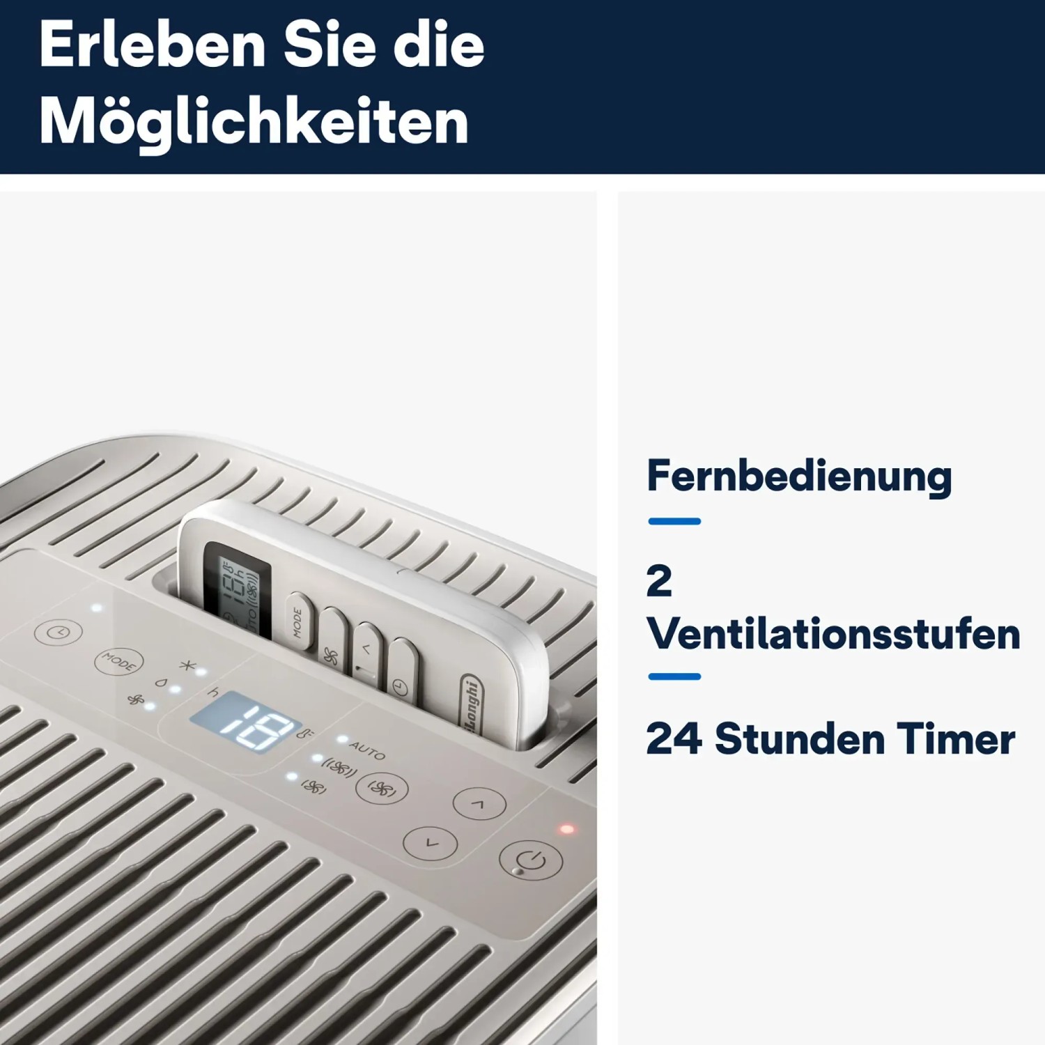 DeLonghi Pinguino Klimagerät: Kompaktes Design mit Fernbedienung und digitalem 24h-Timer.