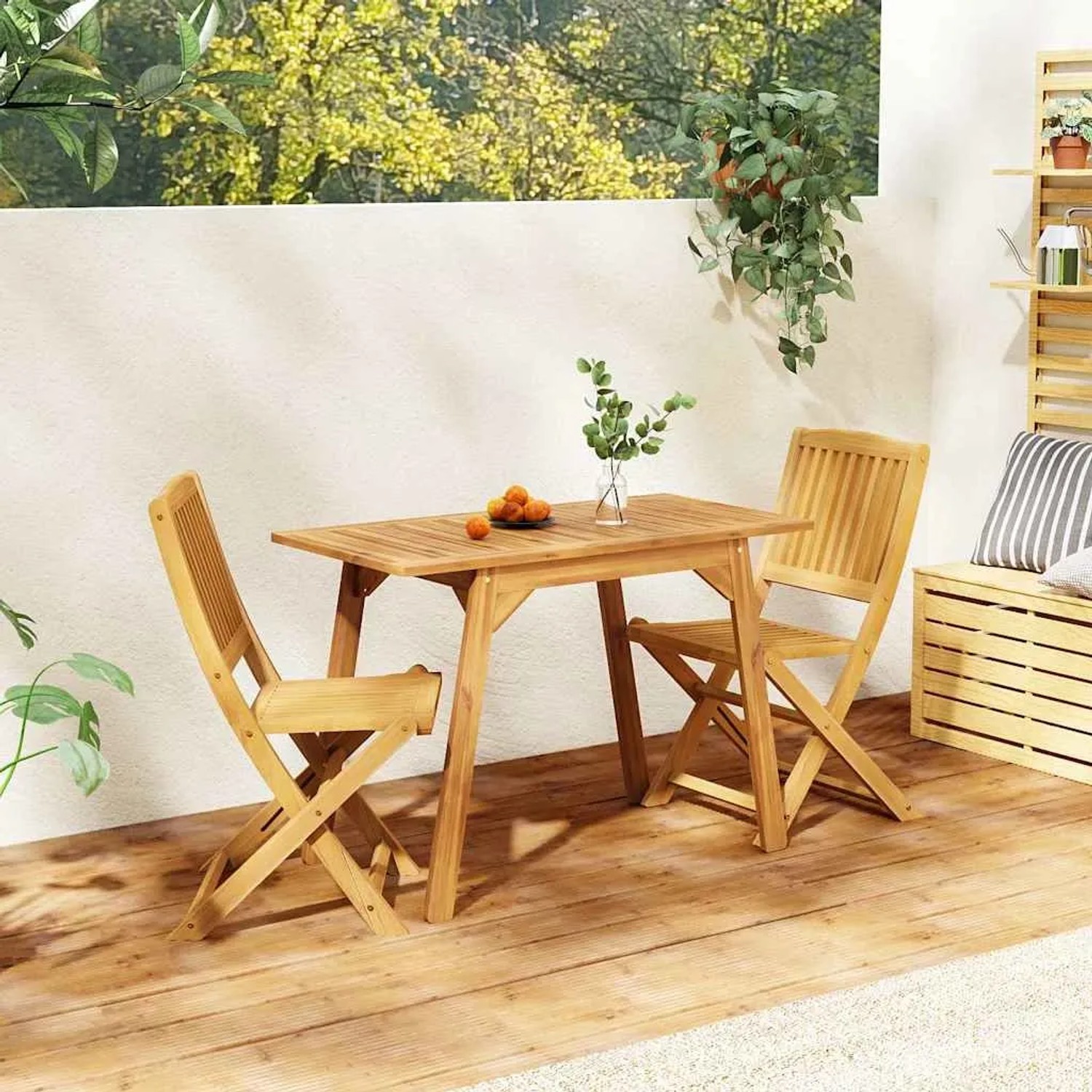 vidaXL Balkon-Set aus Akazienholz, 3-teilig, bestehend aus Tisch und zwei Klappstühlen für Garten oder Terrasse.
