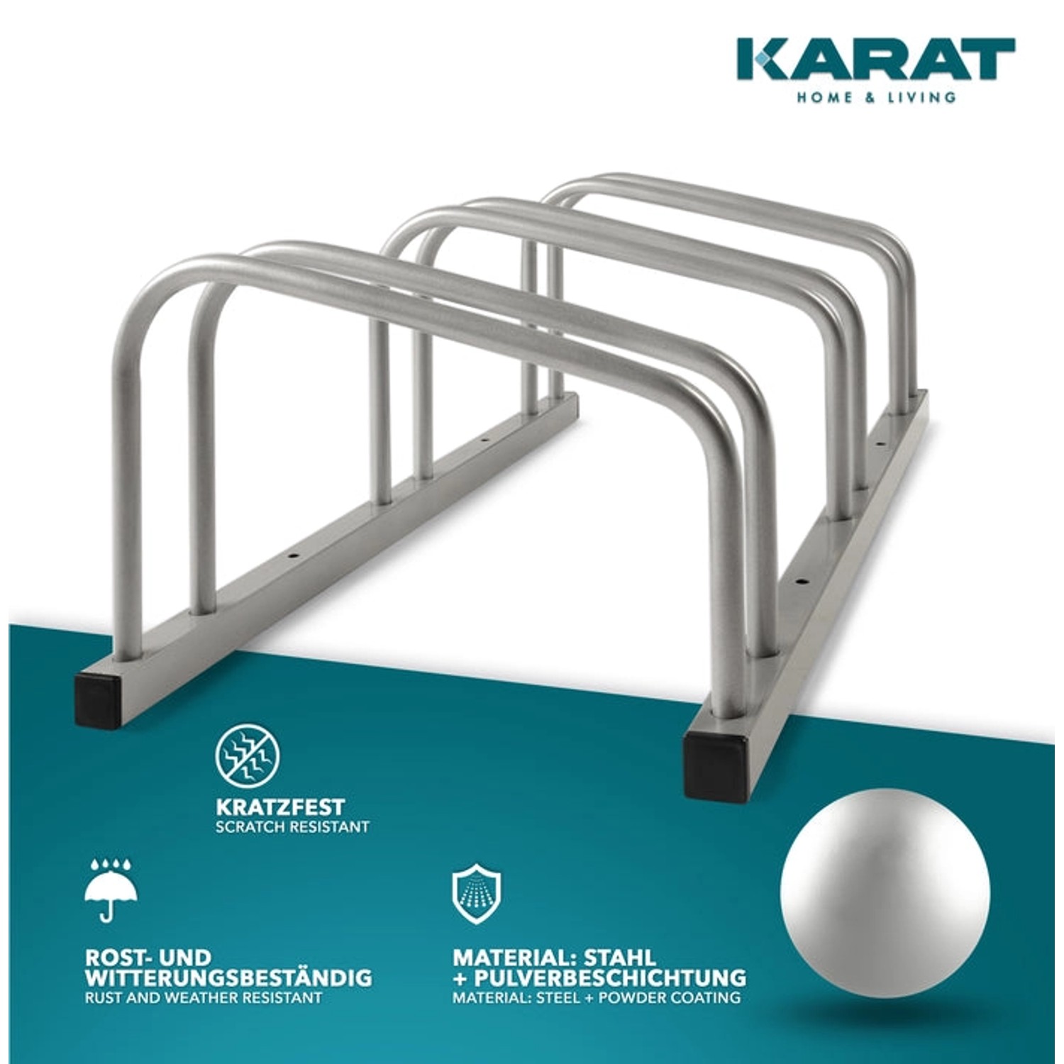 Silberner KARAT Fahrradständer Linus für 5 Fahrräder, zur Boden- oder Wandmontage.