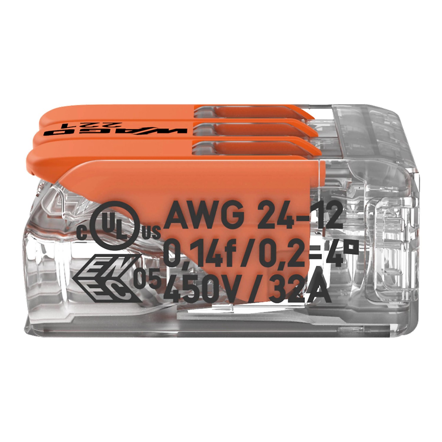 Wago Hebelklemme, 3-polig, transparent/orange, zum Verbinden von Leitern, 50 Stück.