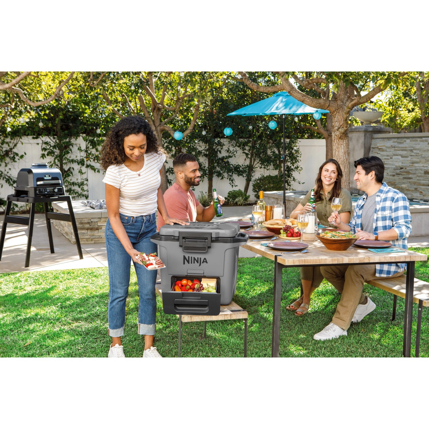 Ninja Kühlbox FrostVault 28L in Schiefergrau mit Trockenzone bei Gartenparty.