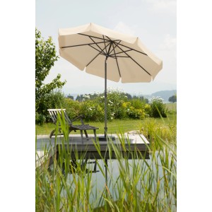 Schneider Marktschirm Orlando, Ø 270 cm, Natur, mit Kurbel, im Garten am Teich.