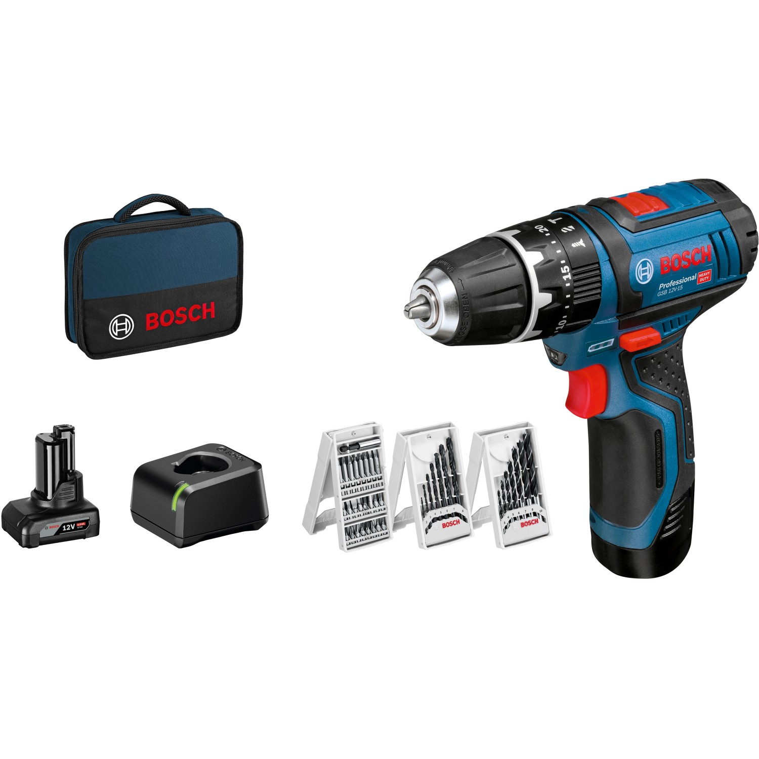 Bosch Professional 12 V Akku-Schlagbohrschrauber GSB 12V-15 inkl. 2 Ah Akkus