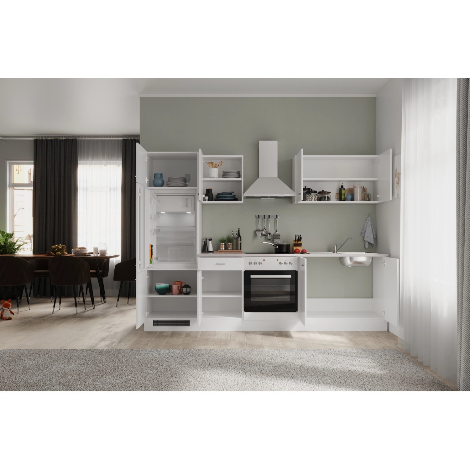 Weiße Flex-Well Classic Küchenzeile Wito 270 cm mit E-Geräten und Spüle.