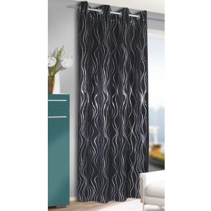 Blackout Ösenschal Vegas in Schwarz-Silber mit Wellenmuster, 245x135 cm. Blickdichter Fenstervorhang.