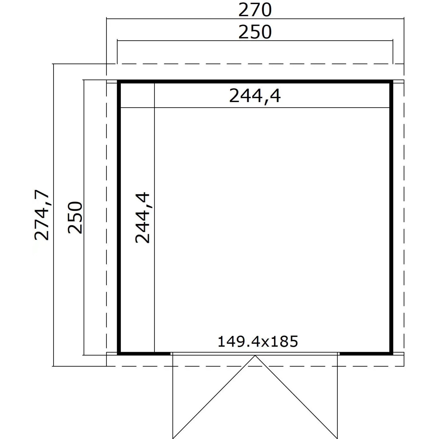 Grundrisszeichnung Lasita Holz-Gartenhaus Zambezi 4, Schwedenrot, mit Maßangaben.