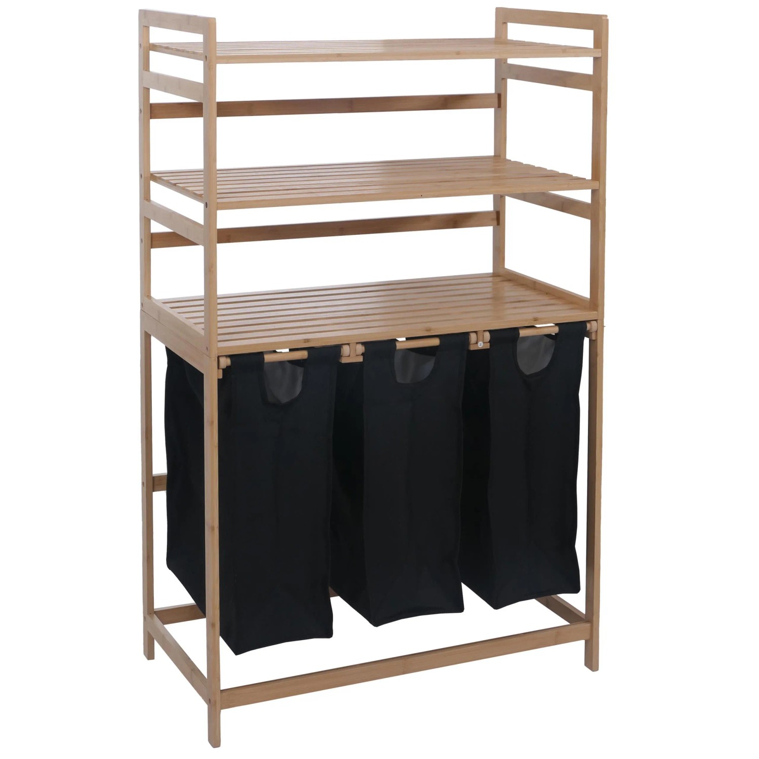 MCW Bambus Wäschesammler P78  3 Ablagen 125x80x40cm 135L Schwarz