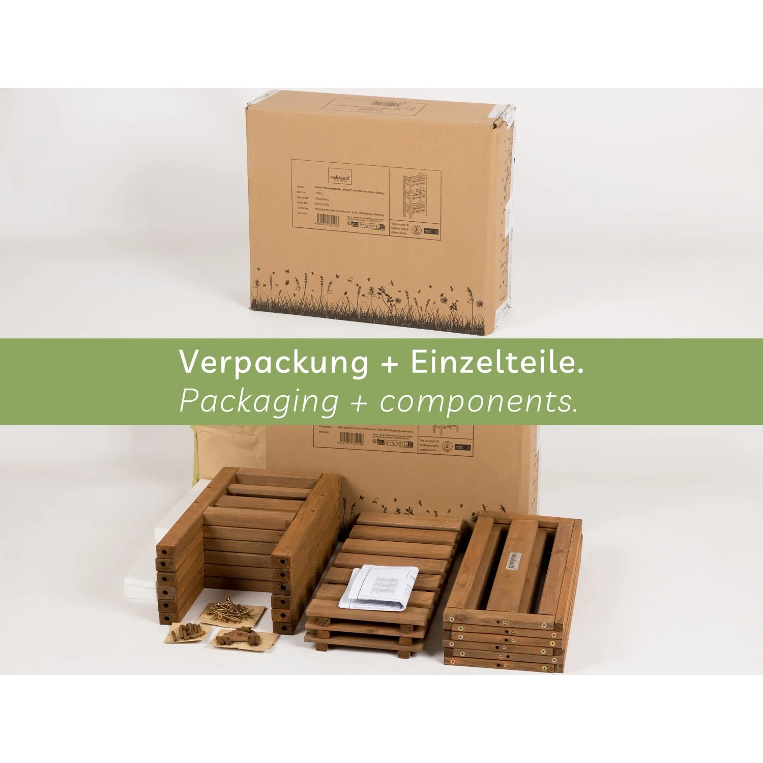 Verpackung und Einzelteile des braunen needs&wants Multi Pflanzenständer Placy2 aus Holz.