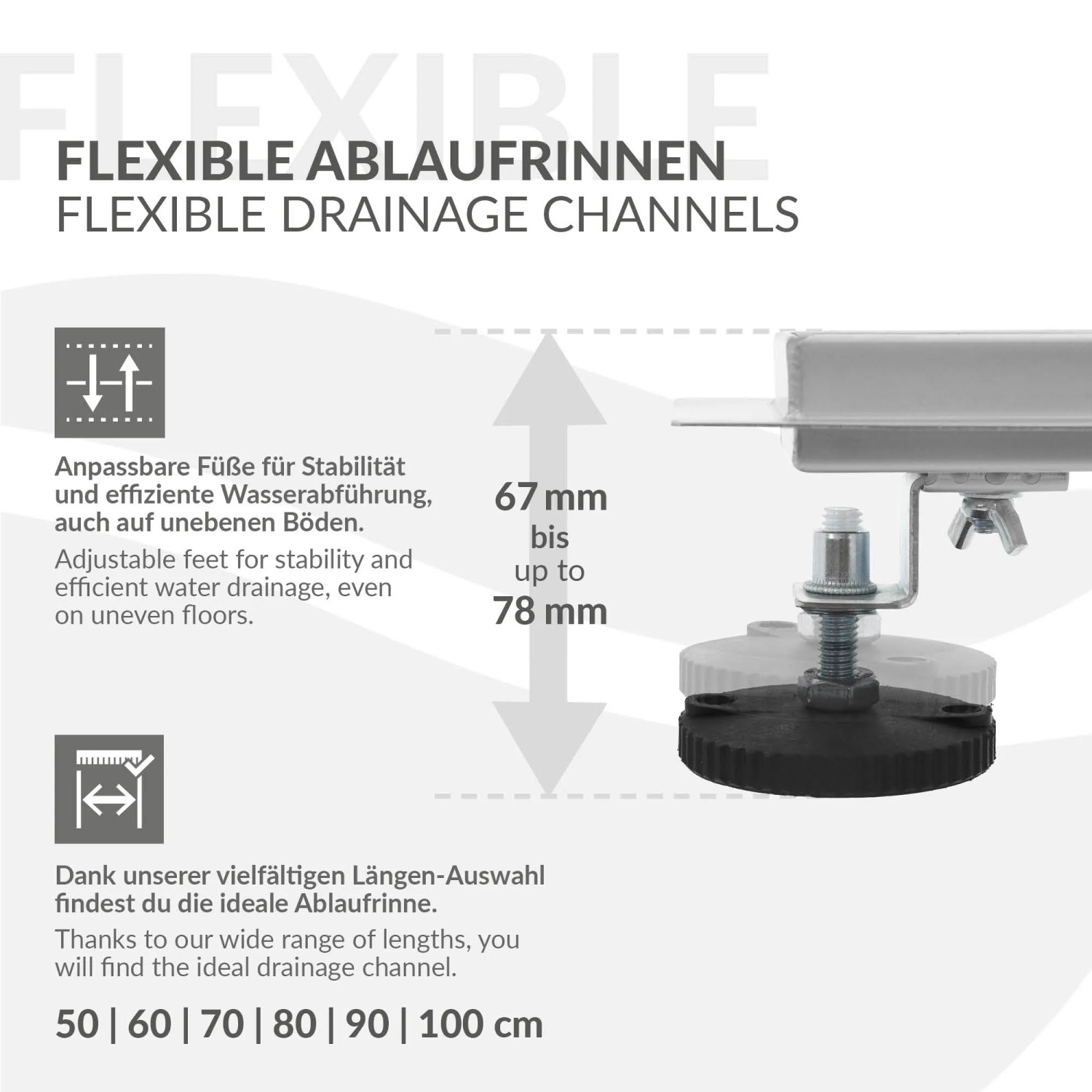 Detailaufnahme: Silberne LuxeBath Duschrinne (80cm) mit verstellbaren Füßen.