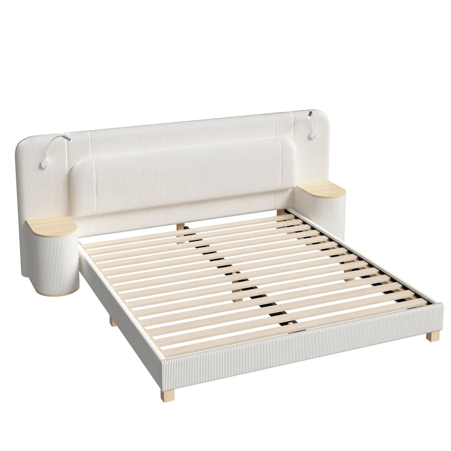 Merax Polsterbett 140x200 cm Cord mit Nachttisch und Leselampe Beige