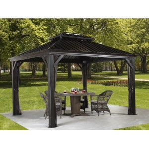 Anthrazitfarbener Sojag Aluminium Pavillon Messina 10x12 mit Moskitonetz und Gartenmöbeln.