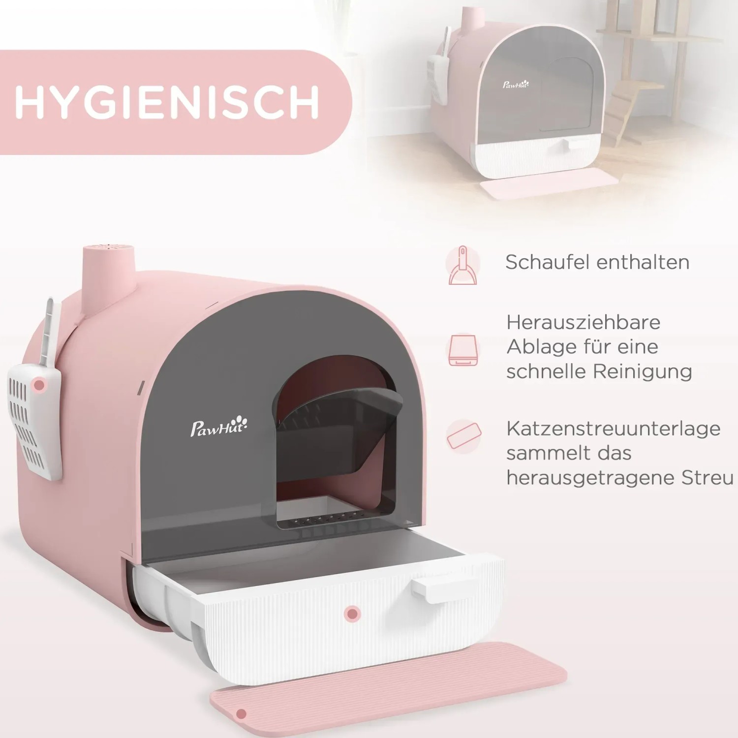 Rosa PawHut Katzentoilette mit Deckel, Streuschaufel und Matte. Hygienisch und leicht zu reinigen.