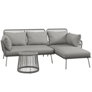 Hellgraues Outsunny Gartenmöbel-Set mit Sofa, Liege und Tisch aus Polyrattan.