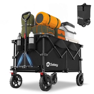 Sekey XXL Bollerwagen, faltbar, 200L, schwarz, beladen mit Campingausrüstung.