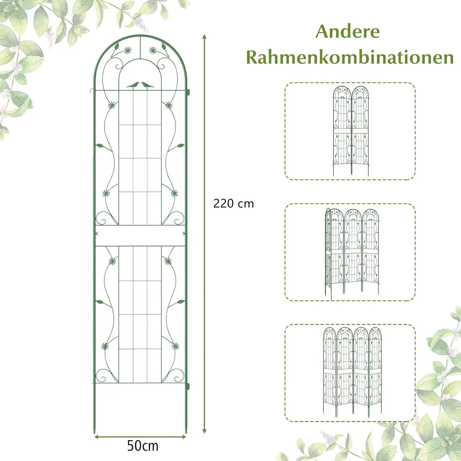 Grünes Metall Rankgitter 2er Set, 220x50 cm, mit Bogen und Blattdekor. Zeigt Kombinationsmöglichkeiten als Gartenzaun/Spalier.