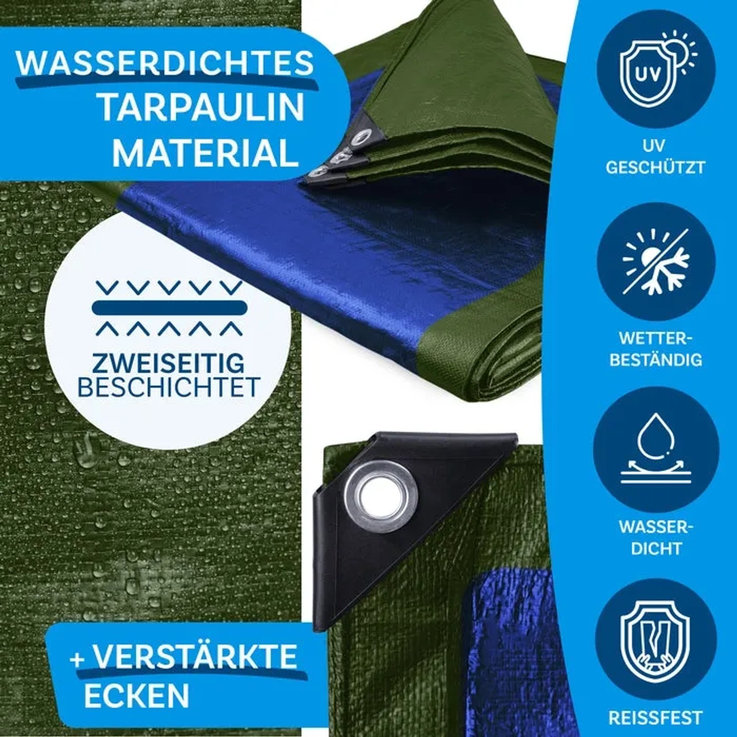 Grün-blaue KARAT Abdeckplane 1,5x6m, wasserdicht, mit Ösen und verstärkten Ecken.