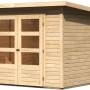 Karibu Holz-Gartenhaus Sitten, unbehandelt mit Pultdach und Doppeltür mit Fenstern.