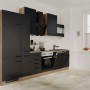 Flex-Well Küchenzeile Capri, 310 cm, Schwarz Matt/Endgrain Oak, mit E-Geräten und Spüle.