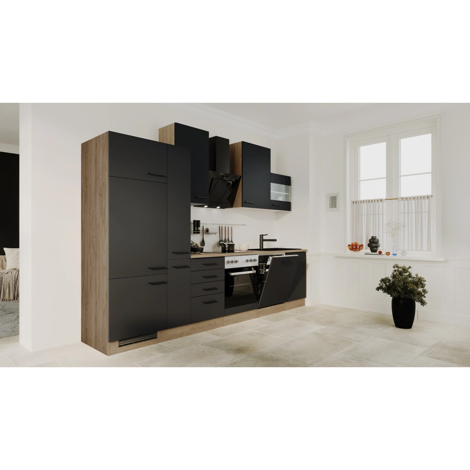 Flex-Well Küchenzeile Capri, 310 cm, Schwarz Matt/Endgrain Oak, mit E-Geräten und Spüle.