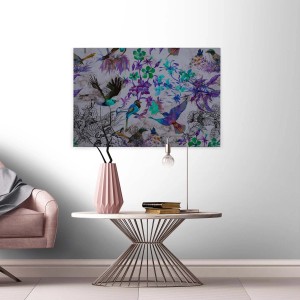 Modernes Leinwandbild mit Vogelmotiv in Blau und Lila. Wanddekoration für Wohn- und Schlafzimmer.