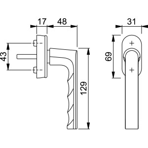 Technische Zeichnung: Hoppe Fenstergriff Hamburg, verkehrsweiß, mit Maßangaben.