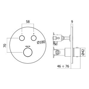 Technische Zeichnung: pianura Thermostat Unterputz für 2 Verbraucher, Maße und Details.