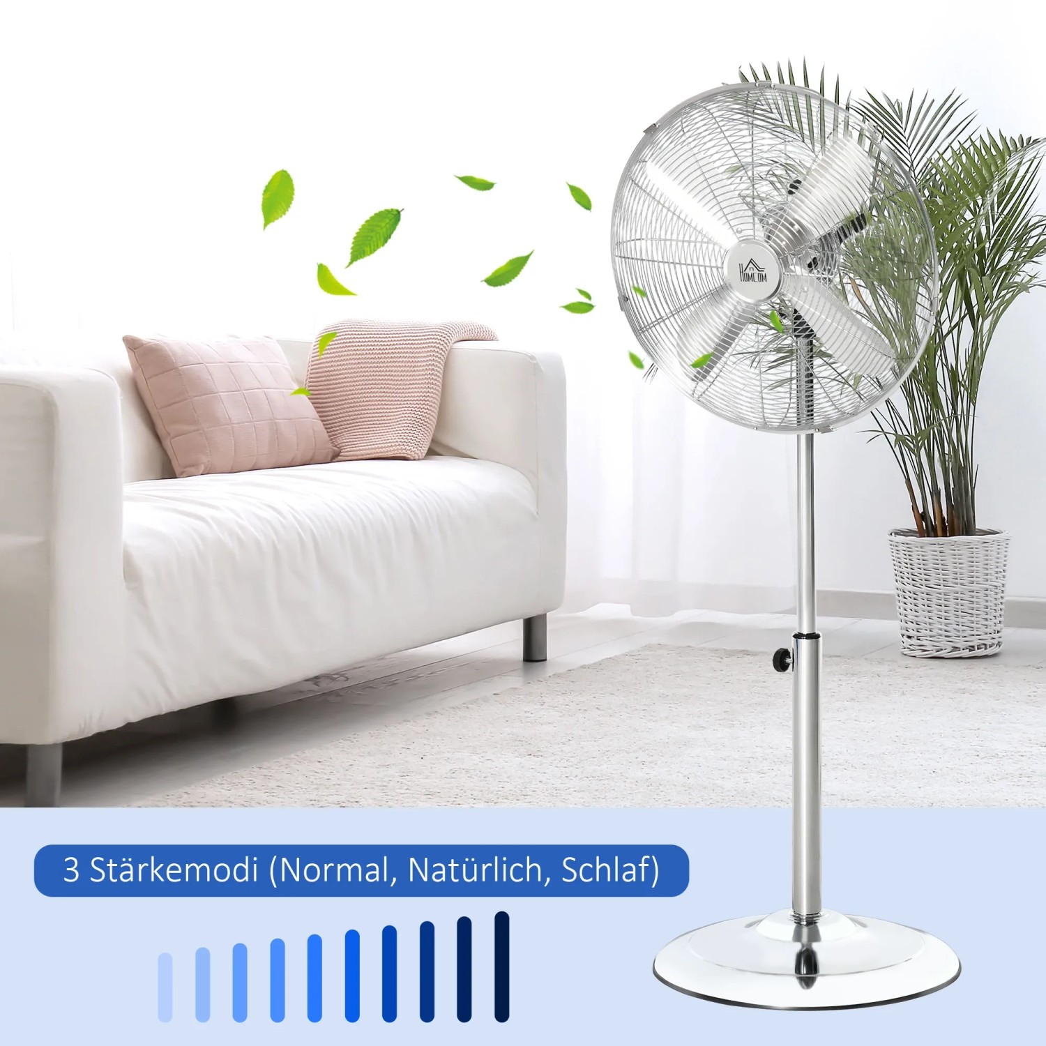 HOMCOM Standventilator, silberner Stahl, höhenverstellbar, 3 Geschwindigkeiten für Wohnzimmer oder Büro.