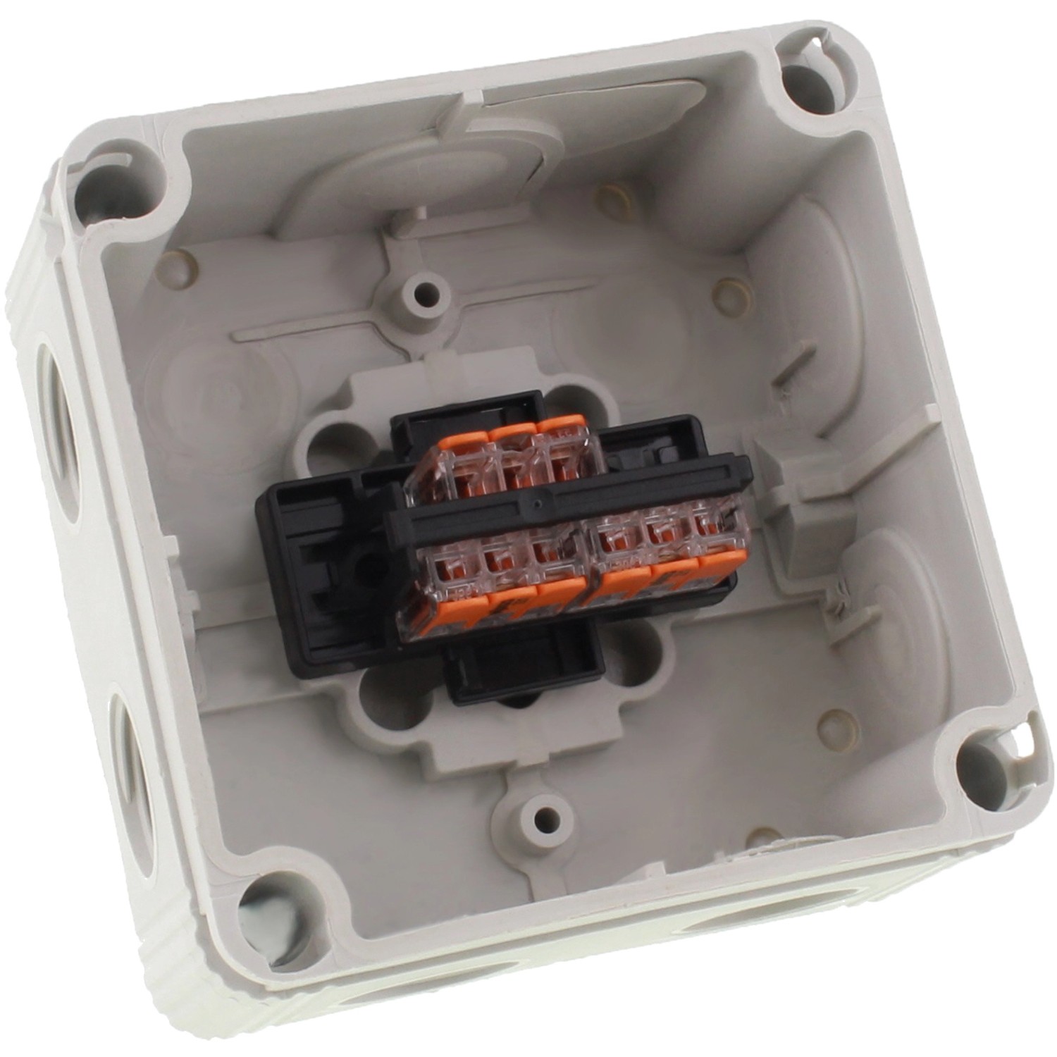 Offener, grauer Wiska Abzweigkasten 95x95x60 mm mit Wago Hebeklemmen.