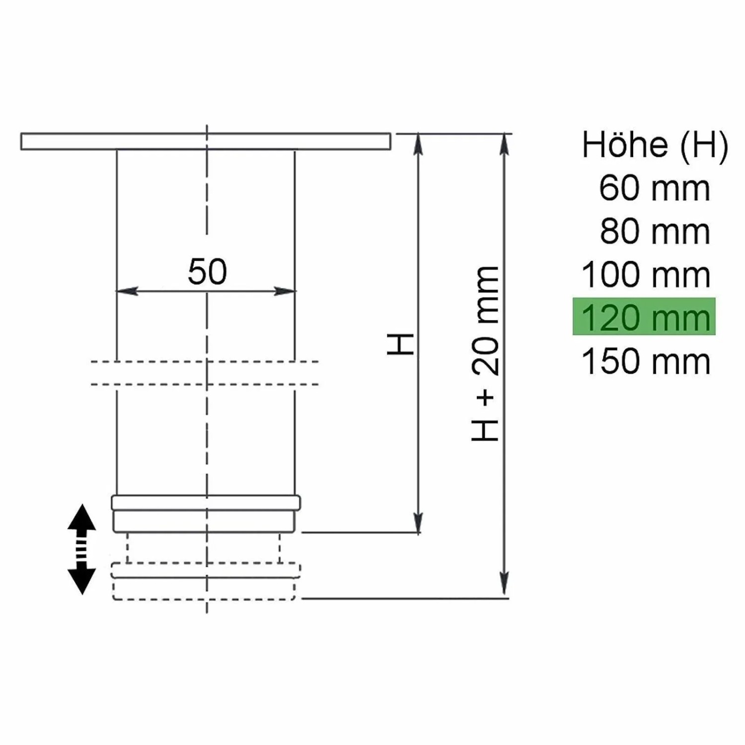 Technisches Diagramm SOTECH Möbelfuß JIMMY, Ø50 mm, 120 mm Höhe, Chrom poliert, mit Höhenverstellung.