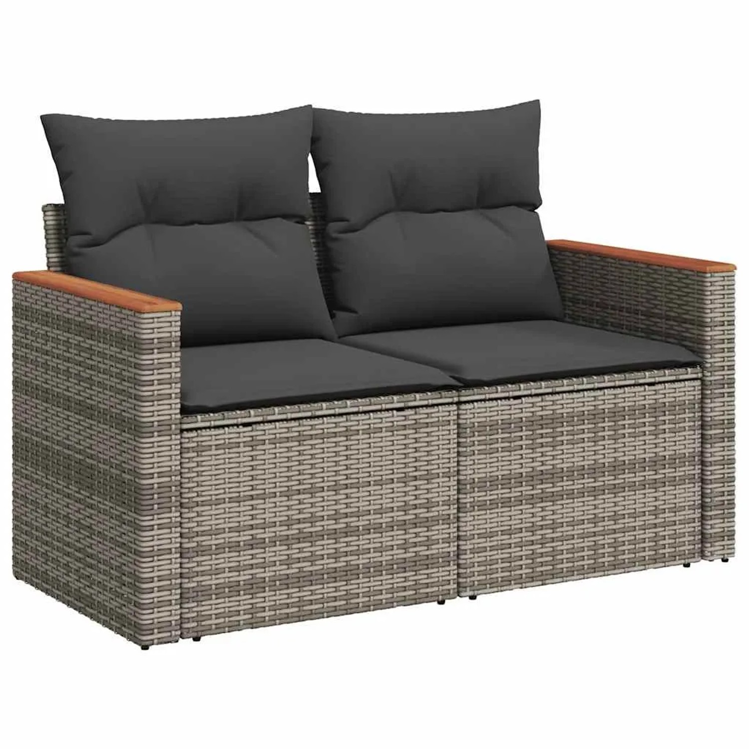 Graue 4-tlg. vidaXL Garten-Sofagarnitur aus Rattan mit dunklen Kissen.