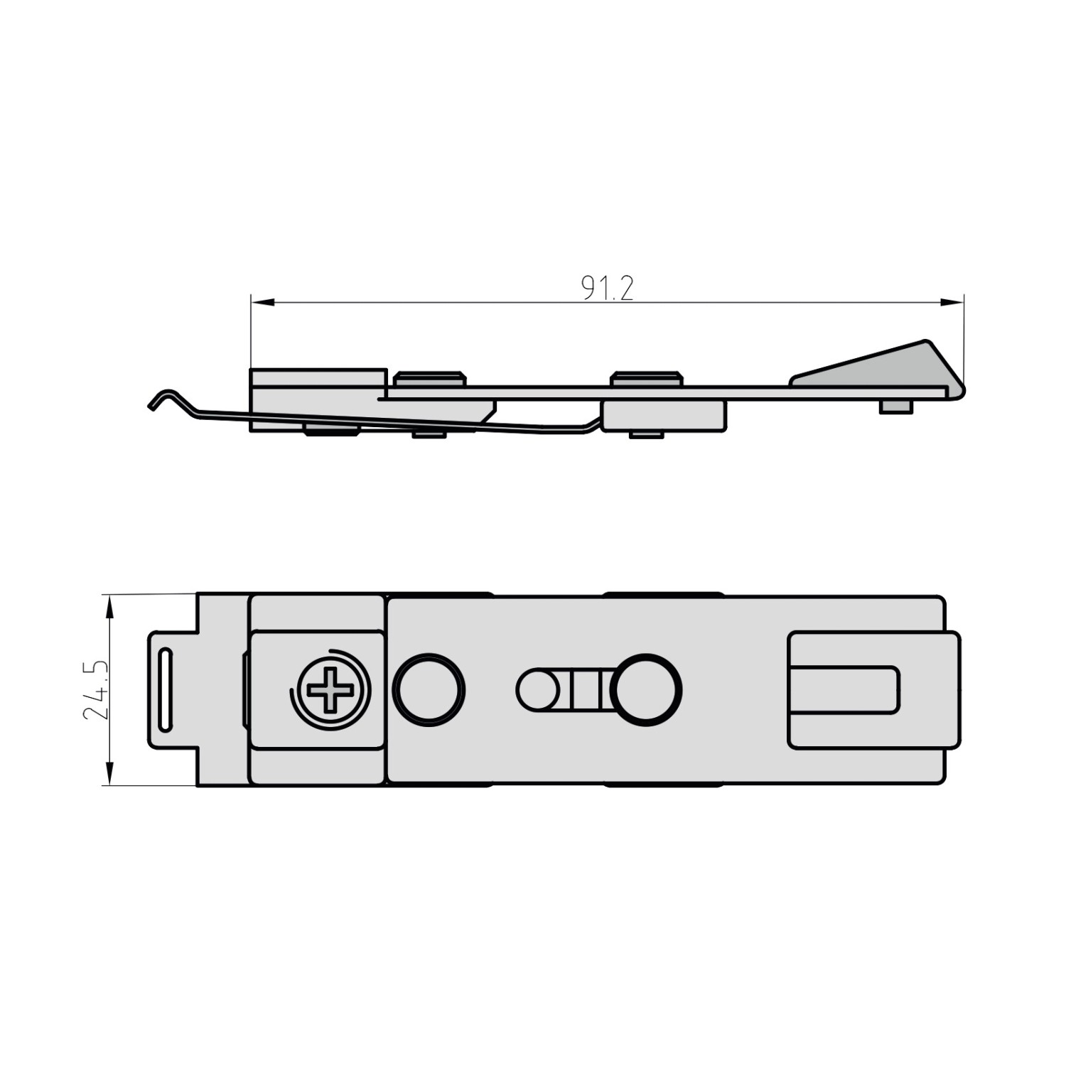 Geze Feststelleinheit für Türschließer TS 3000V/TS 5000, silberfarben, mit Maßen.