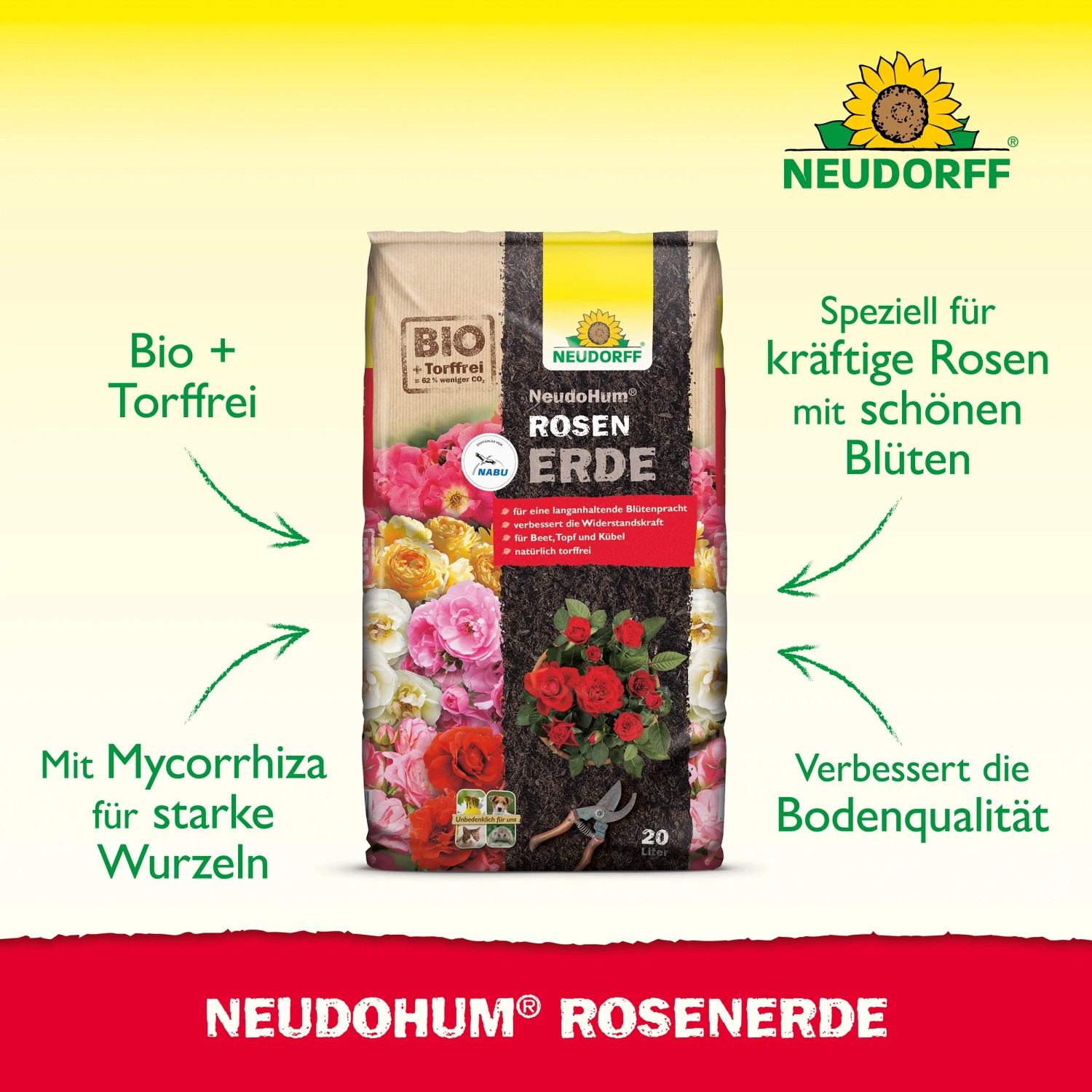 Sack Neudorff Neudohum Rosenerde 20 l, torffreie Erde für kräftige Rosen und schöne Blüten.