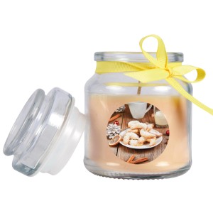 Cremefarbene HS Candle Duftkerze Weihnachten im Glas mit gelber Schleife und Keks-Motiv, 30h Brenndauer.