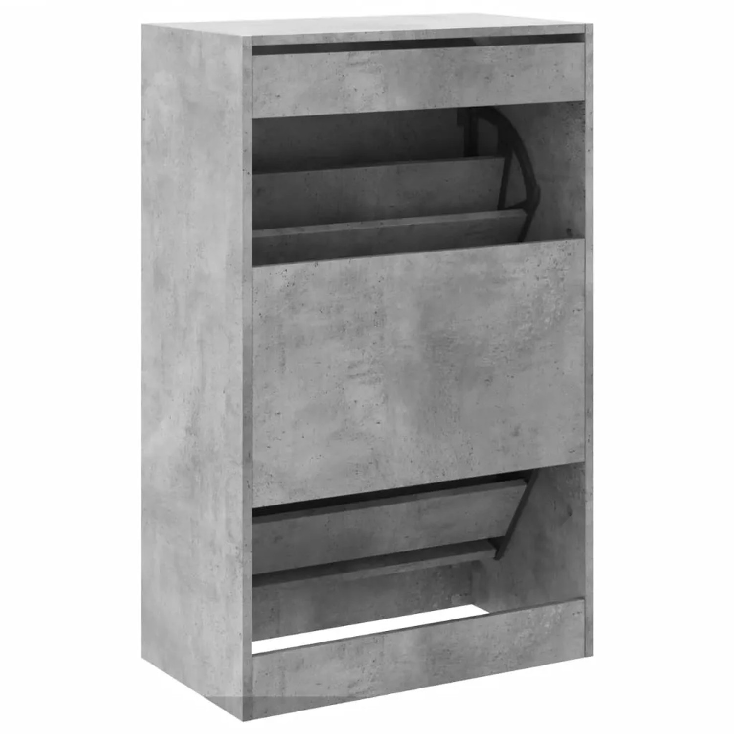 Schmaler Schuhschrank in Betongrau aus Holzwerkstoff mit 2 Klappen für platzsparenden Stauraum.