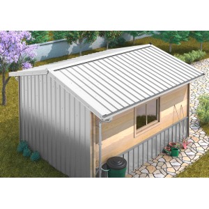 Ablaufset für SDF Kastenrinne aus Aluminium in Natur an einem Gartenhaus.