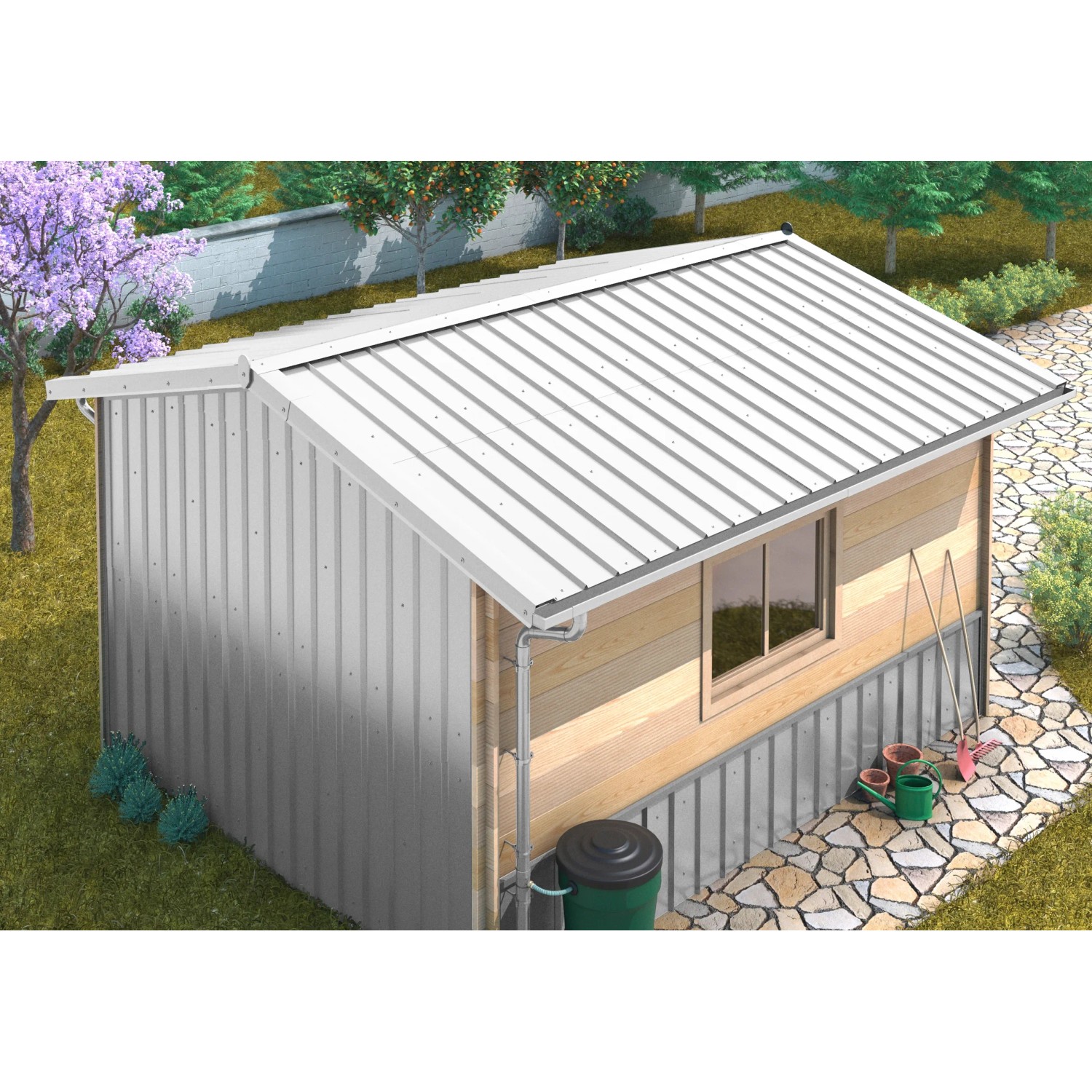 Ablaufset für SDF Kastenrinne aus Aluminium in Natur an einem Gartenhaus.