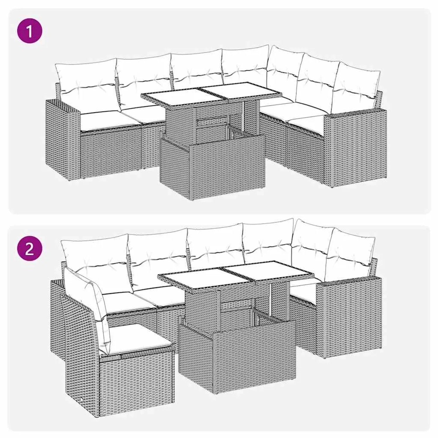 vidaXL 7-tlg. Garten-Sofagarnitur Beige Poly Rattan mit Tisch und Kissen, zwei Aufbauvarianten.