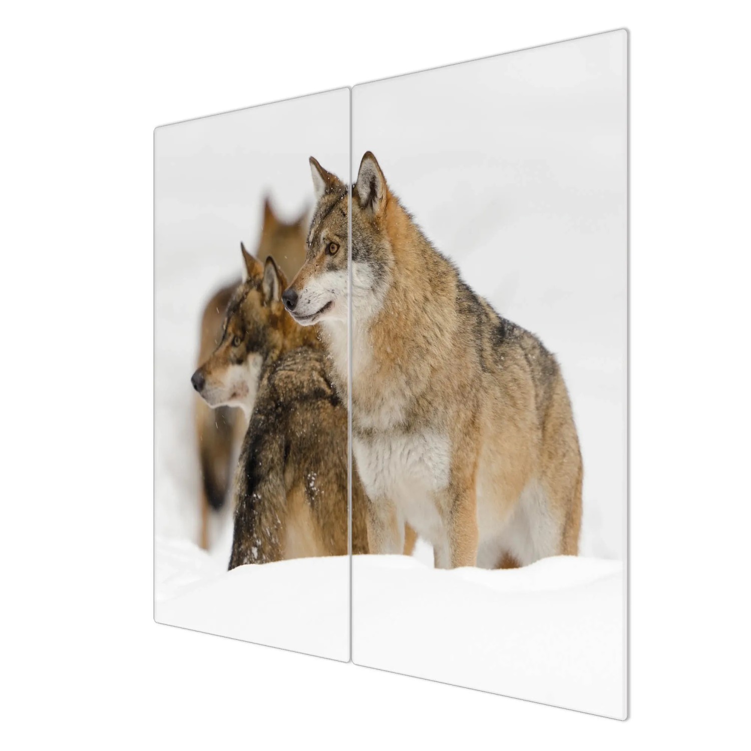 2-teilige Herdabdeckplatte aus Glas mit Wolfsmotiv, auch als Schneidebrett nutzbar.