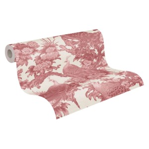 Rolle PROFHOME Vliestapete mit Vogel- und Blumenmuster in Creme, Rot und Rosa.