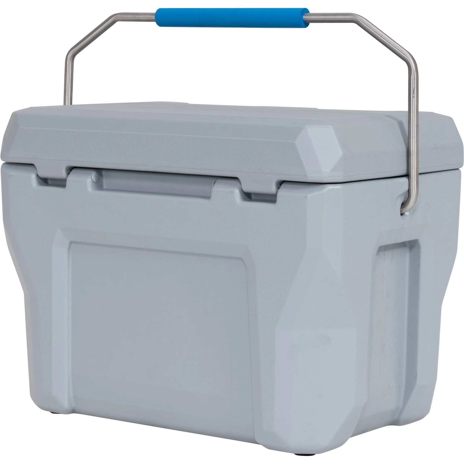 Graue Lifetime Kühlbox Campingbox mit blauem Griff, 26,5 Liter Fassungsvermögen.