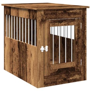 vidaXL Hundekäfig in Altholz-Optik, Holzwerkstoff und Stahl. Möbelstil Hundebox mit Gittertür und Seitenfenster.