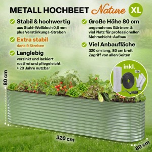 TTL GARDEN Metall Hochbeet NATURE XL 320×80×80 cm – Großes Ovales Garten Hochbeet Verzinkt Salbei Grün