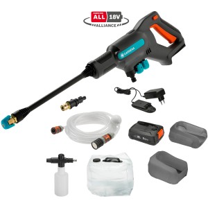 Gardena Akku-Mitteldruckreiniger AquaClean 24/18V Premium-Set mit Zubehör, Akku und Ladegerät.