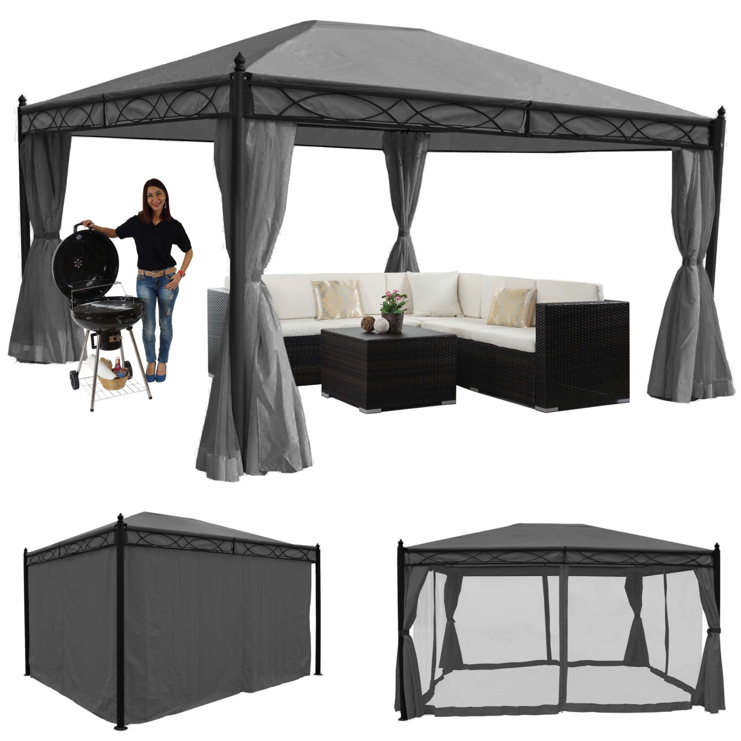 Graue MCW Pergola Calpe 4x3m mit Dach, Seitenwand, Moskitonetz, Grill und Sitzgruppe.
