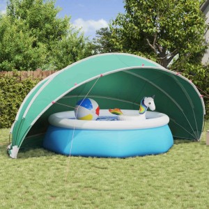 Grüner faltbarer Pool-Dome als Abdeckung für blauen Aufstellpool im Garten. Bietet UV-Schutz und Wetterschutz.